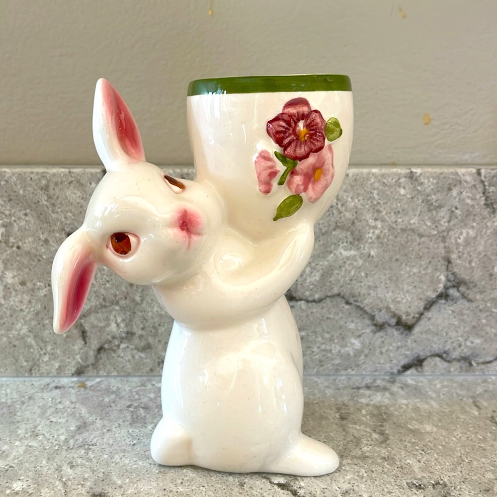 Vintage Avon White Ceramic Floral Bunny Egg Cup Candle Holder